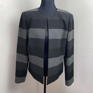 Tahari Open Front Blazer Women's 10 Black Gray Stripe Scoop Neck Business Classy